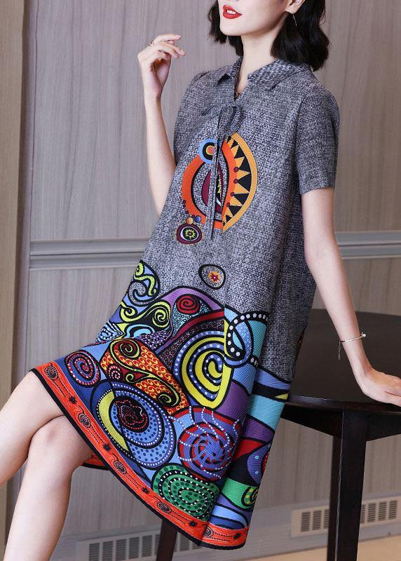 Simple Grey Print Peter Pan Collar Mandarin Collar Tie Summer Dress