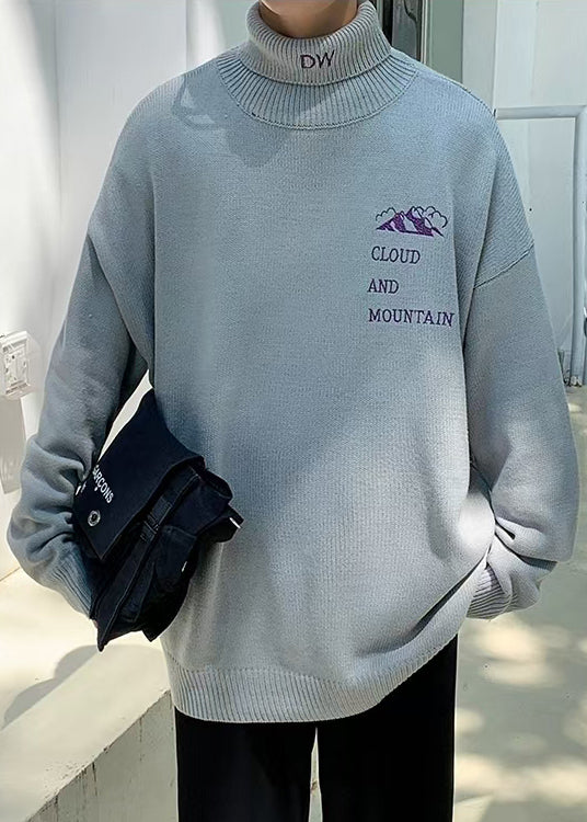Simple Grey Turtleneck Letter Knit Sweaters Winter