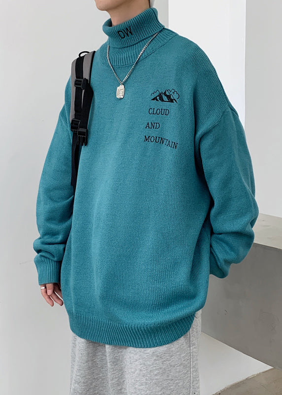 Simple Grey Turtleneck Letter Knit Sweaters Winter
