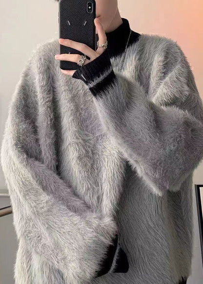 Simple Grey Turtleneck Patchwork Mink Hair Knitted Sweater Winter