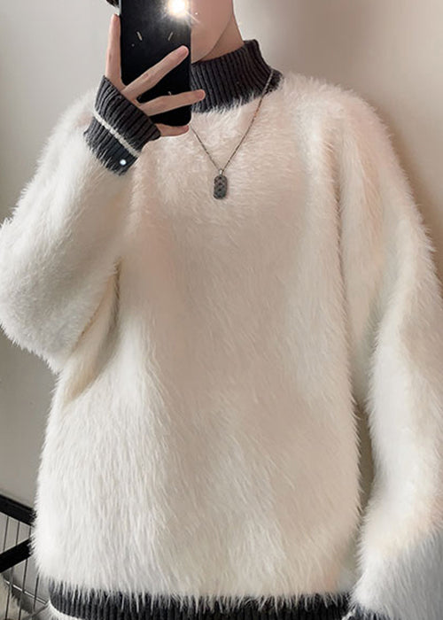 Simple Grey Turtleneck Patchwork Mink Hair Knitted Sweater Winter