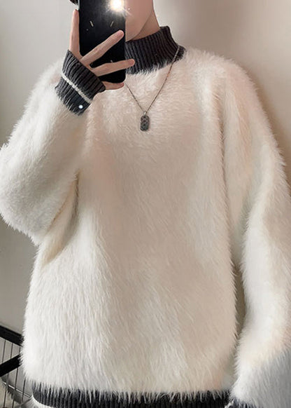 Simple Grey Turtleneck Patchwork Mink Hair Knitted Sweater Winter