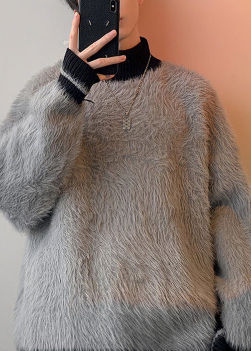 Simple Grey Turtleneck Patchwork Mink Hair Knitted Sweater Winter