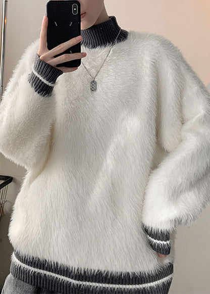 Simple Grey Turtleneck Patchwork Mink Hair Knitted Sweater Winter