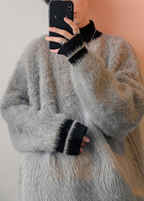 Simple Grey Turtleneck Patchwork Mink Hair Knitted Sweater Winter