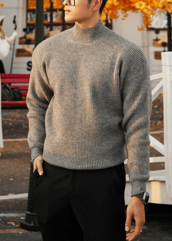 Simple Grey Turtleneck Knit Sweater Tops Fall