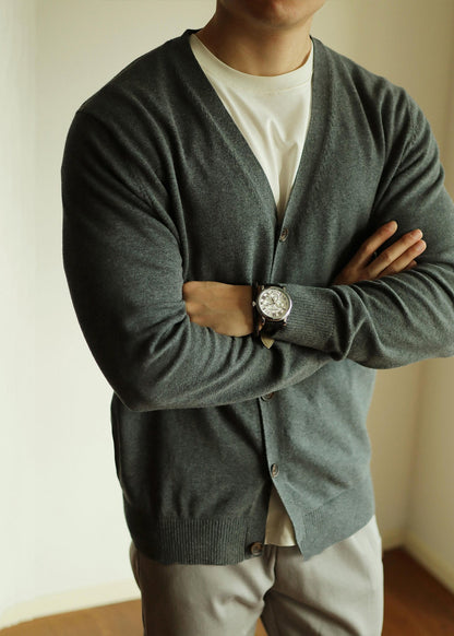 Simple Grey V Neck Button Knit Cardigan Spring