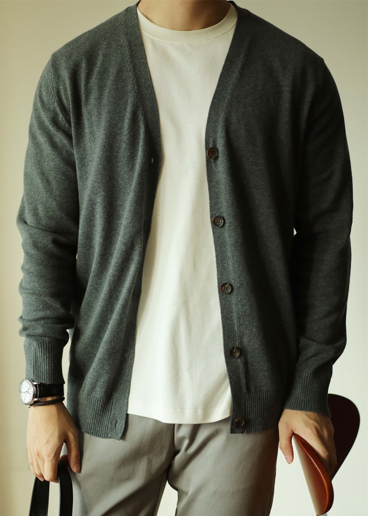 Simple Grey V Neck Button Knit Cardigan Spring