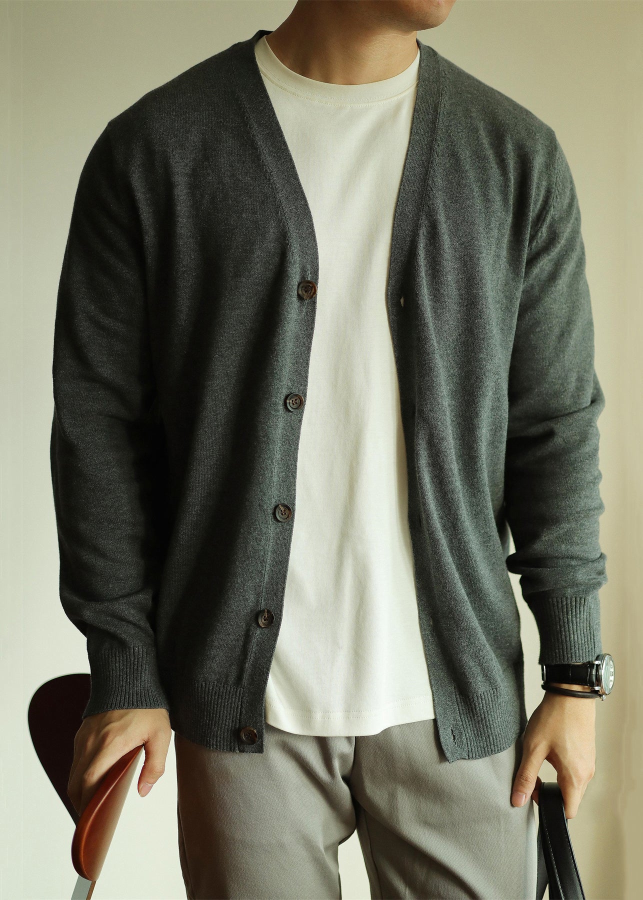 Simple Grey V Neck Button Knit Cardigan Spring