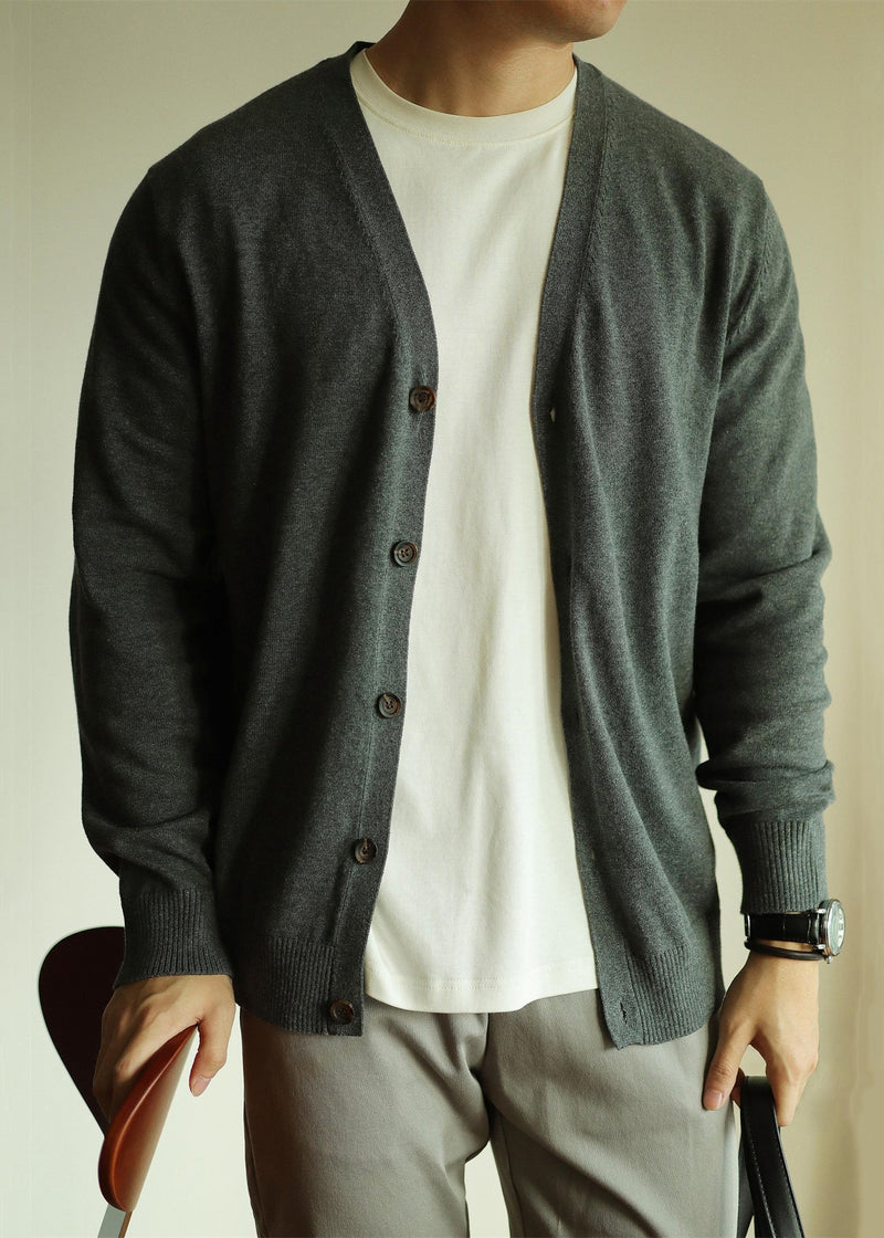 Simple Grey V Neck Button Knit Cardigan Spring