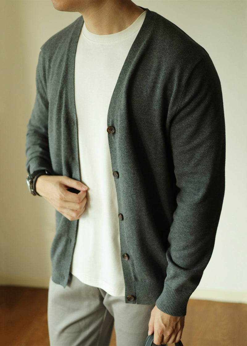 Simple Grey V Neck Button Knit Cardigan Spring