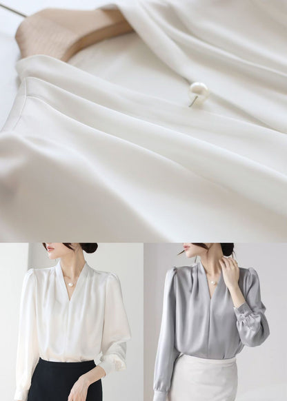 Simple Grey V Neck Button Solid Silk Blouses Fall