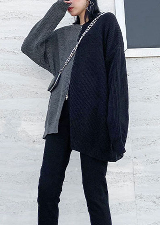 Simple Grey Side Open Zip Up Patchwork Knit Sweater Spring