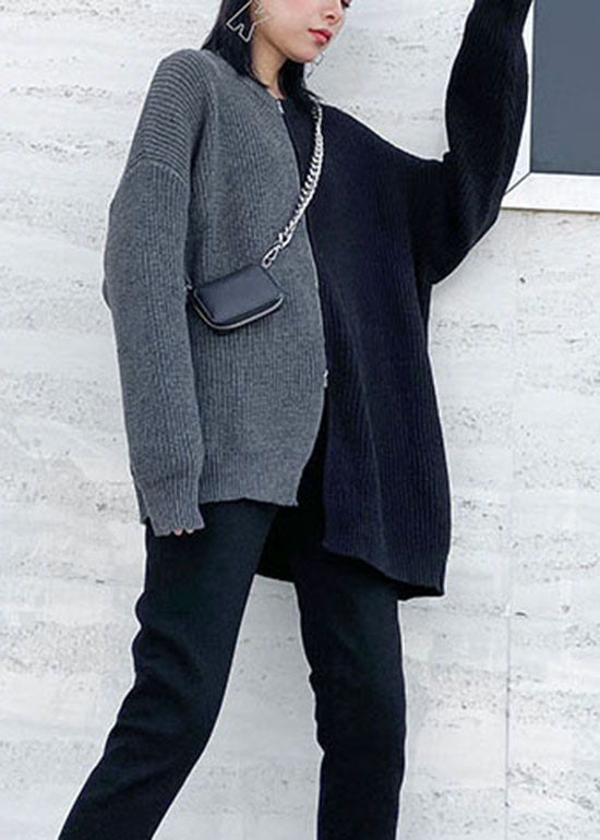 Simple Grey Side Open Zip Up Patchwork Knit Sweater Spring