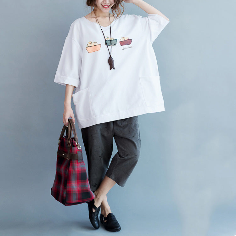 Simple Half Sleeve Pockets Cotton Tops Fabrics White Tunic