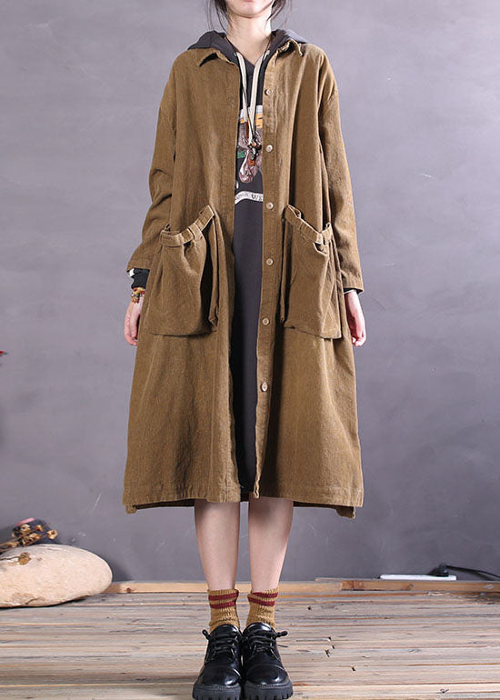 Simple Khaki Button Side Open Corduroy Coats Spring