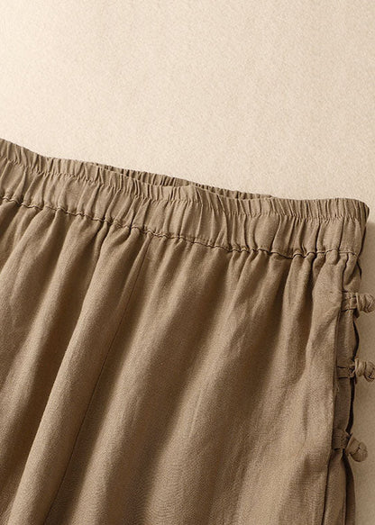 Simple Khaki Elastic Waist Oriental Button Color Linen Harem Pants Trousers Summer