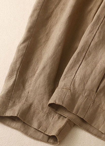 Simple Khaki Elastic Waist Oriental Button Color Linen Harem Pants Trousers Summer