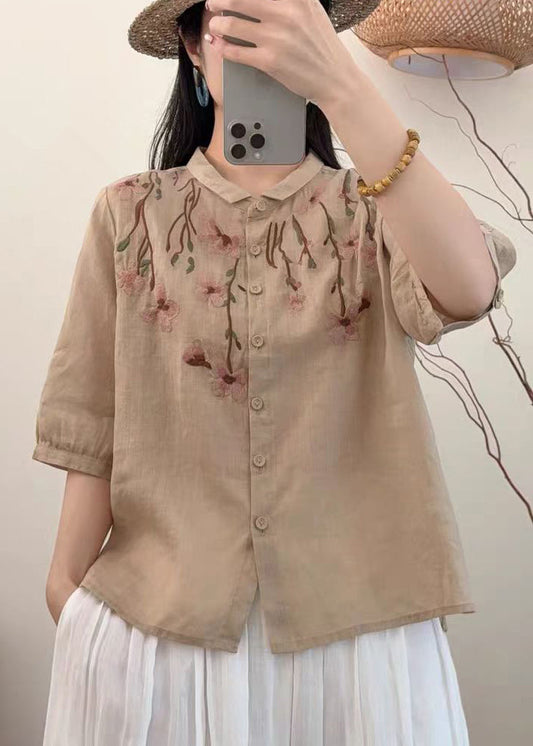 Simple Khaki Embroidered Linen Shirt Summer