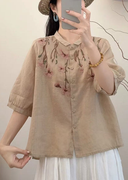 Simple Khaki Embroidered Linen Shirt Summer