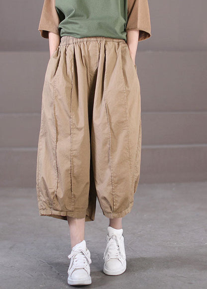 Simple Khaki High Waist Pockets Patchwork Cotton Crop Pants Summer