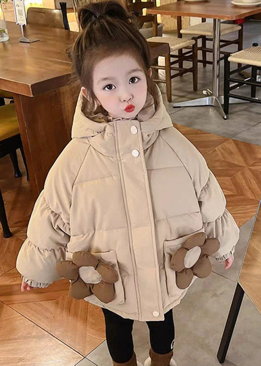 Simple Khaki Hooded Pockets Cotton Filled Coats Long Sleeve