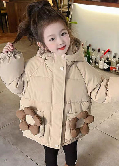 Simple Khaki Hooded Pockets Cotton Filled Coats Long Sleeve