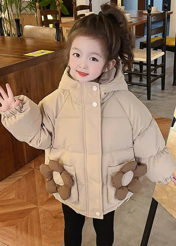 Simple Khaki Hooded Pockets Cotton Filled Coats Long Sleeve