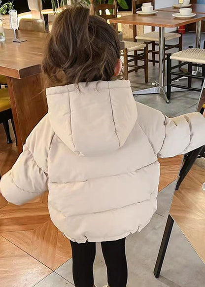 Simple Khaki Hooded Pockets Cotton Filled Coats Long Sleeve