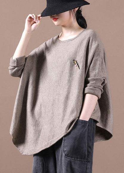 Simple Khaki O-neck Asymmetrical Design Fall Knitted Top