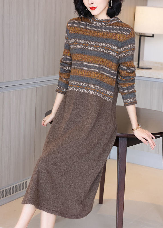 Simple Khaki O-neck Print Cashmere Knitted Dress Long Sleeve
