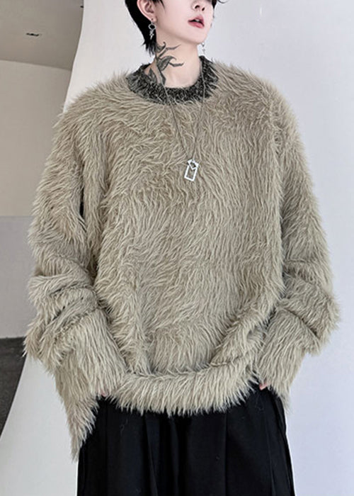 Simple Khaki O Neck Mink Velvet Sweaters Winter