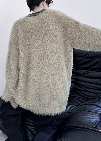Simple Khaki O Neck Mink Velvet Sweaters Winter