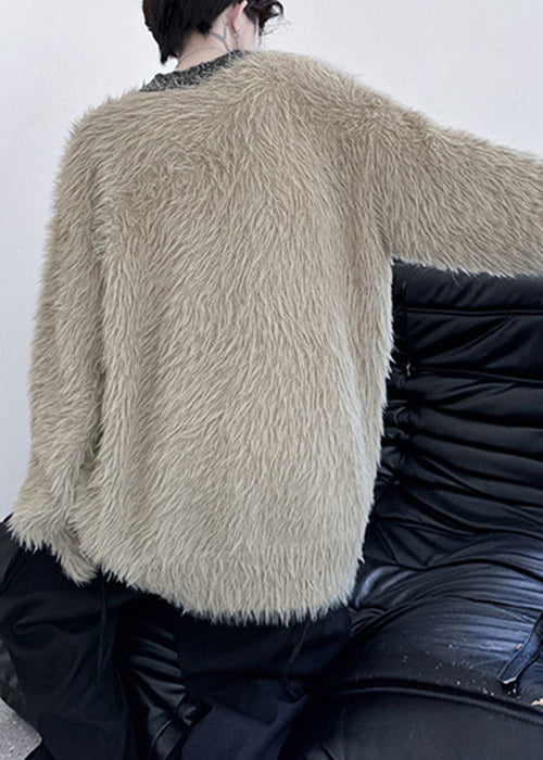 Simple Khaki O Neck Mink Velvet Sweaters Winter
