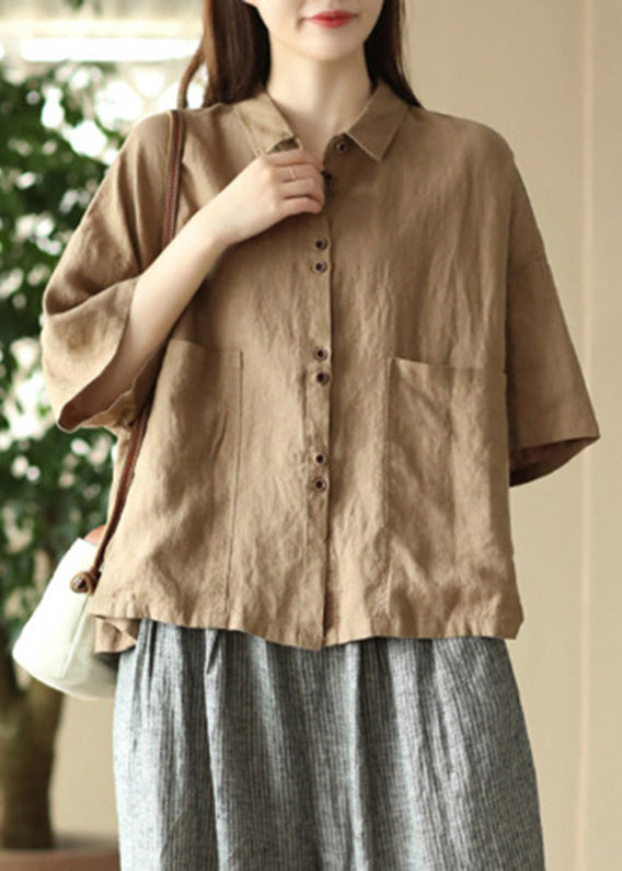 Simple Khaki Patchwork Button Linen Shirts Half Sleeve