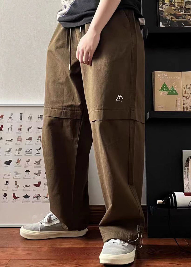 Simple Khaki Pockets Drawstring Elastic Waist Cotton Pants Spring