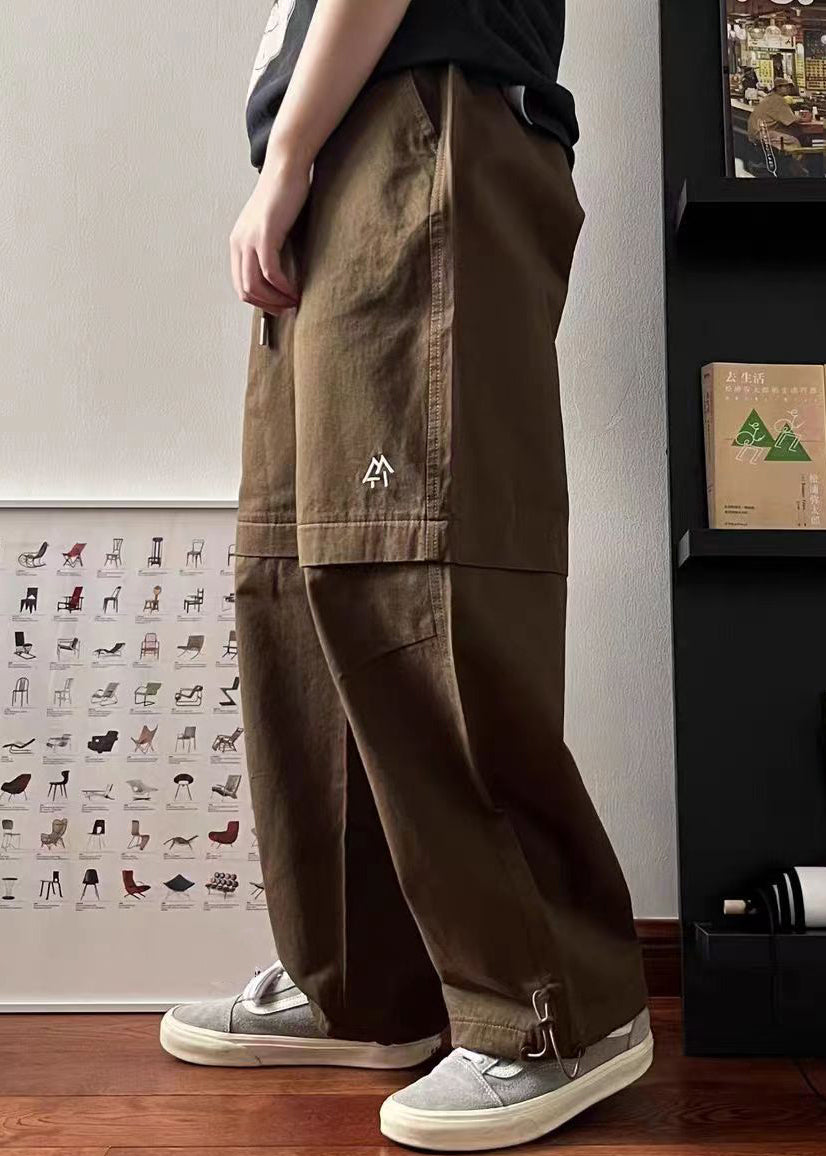 Simple Khaki Pockets Drawstring Elastic Waist Cotton Pants Spring