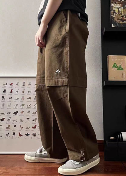 Simple Khaki Pockets Drawstring Elastic Waist Cotton Pants Spring