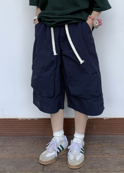 Simple Khaki Pockets Drawstring Crop Pants Summer