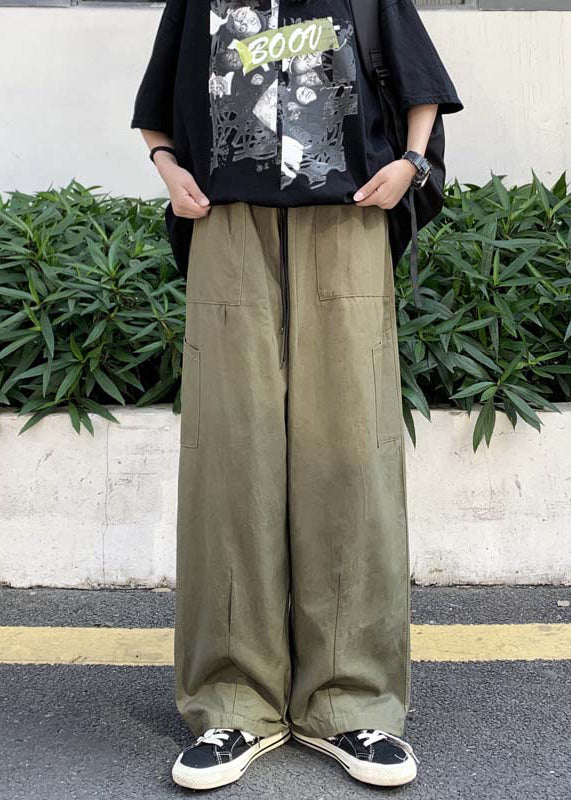 Simple Khaki Pockets Elastic Waist Cotton Wide Leg Pants Summer