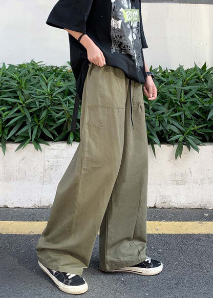 Simple Khaki Pockets Elastic Waist Cotton Wide Leg Pants Summer