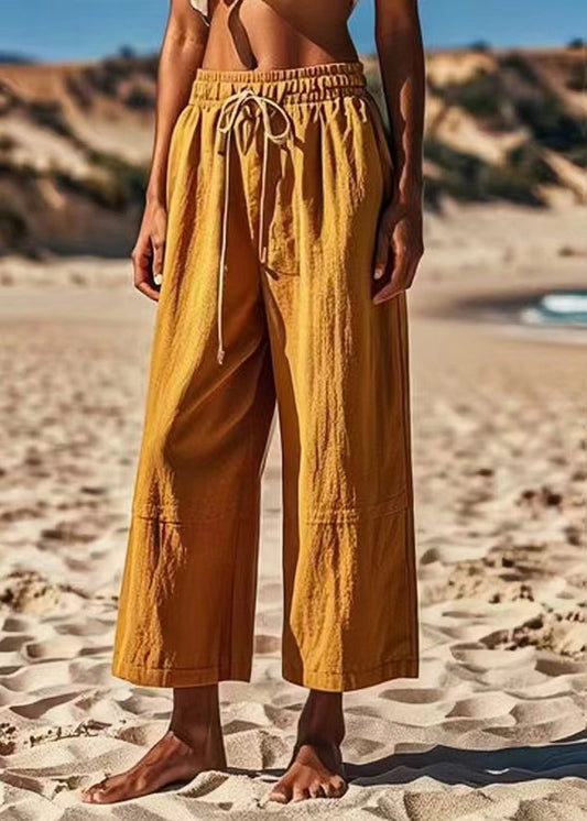 Simple Khaki Pockets Patchwork Tie Waist Wide Leg Pants