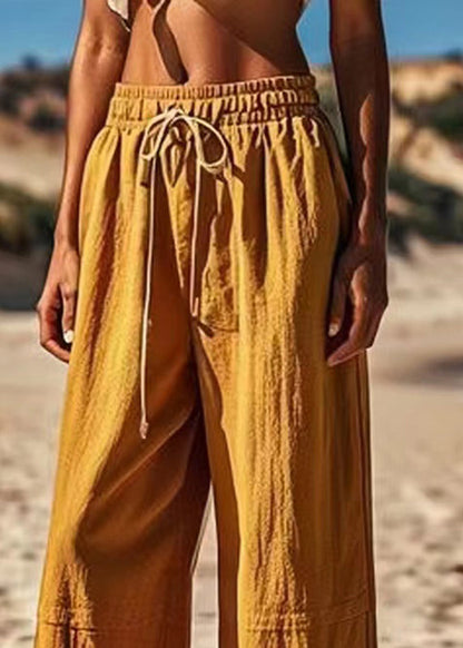 Simple Khaki Pockets Patchwork Tie Waist Wide Leg Pants