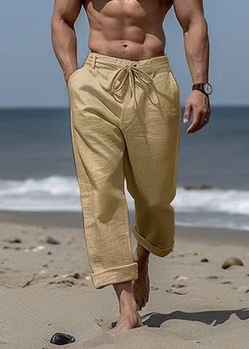Simple Khaki Pockets Elastic Waist Cotton Pants Summer