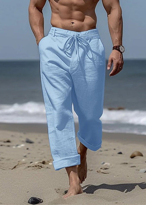 Simple Khaki Pockets Elastic Waist Cotton Pants Summer
