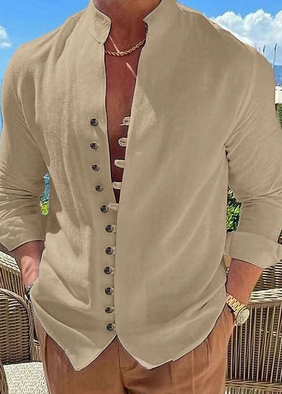 Simple Khaki Stand Collar Button Solid Cotton Men's Shirts Fall