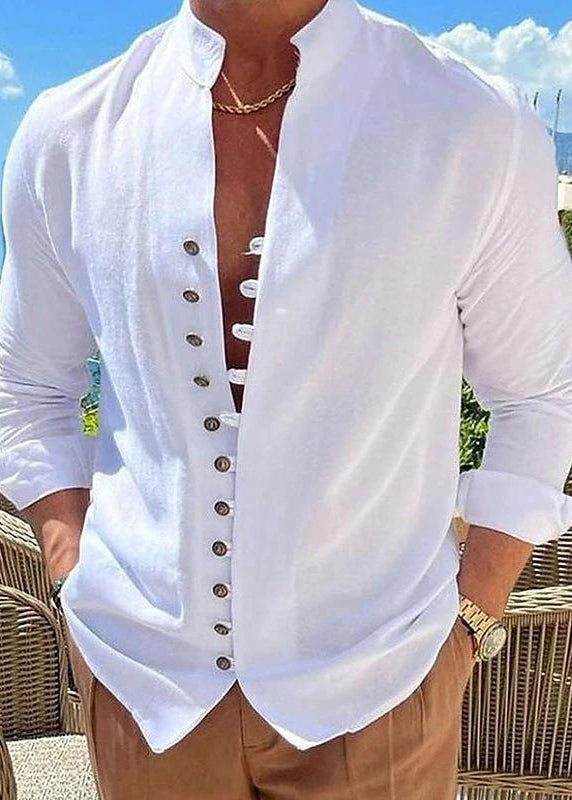 Simple Khaki Stand Collar Button Cotton Shirts Fall