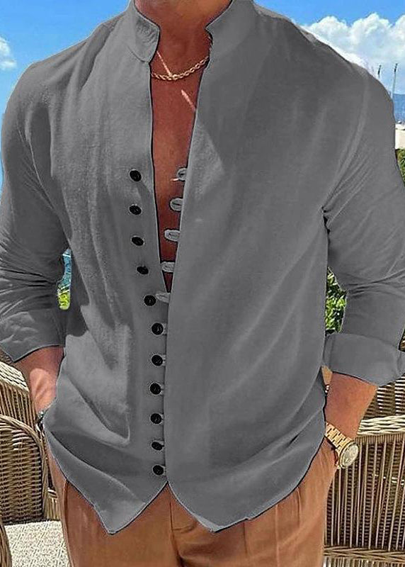 Simple Khaki Stand Collar Button Cotton Shirts Fall