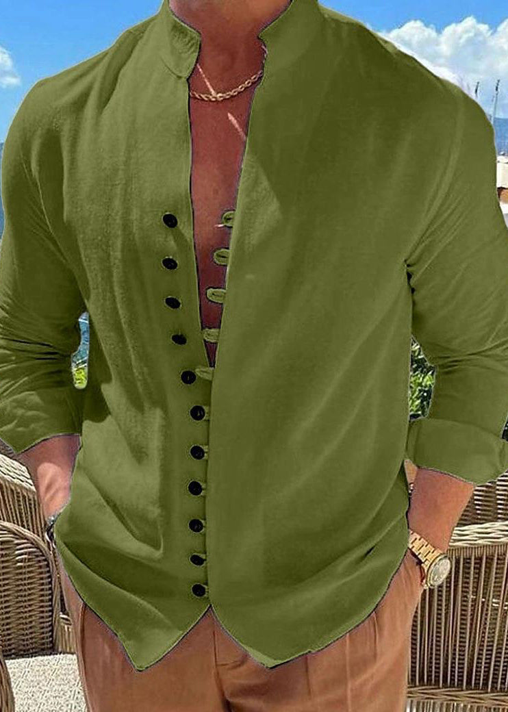 Simple Khaki Stand Collar Button Solid Cotton Men's Shirts Fall