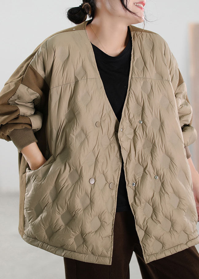 Simple Khaki V Neck Patchwork Duck Down Coat Winter